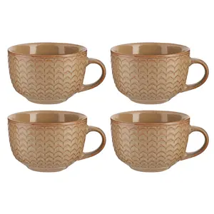 Set of 4 Dark Brown Large Stoneware Cups Coffee Mugs