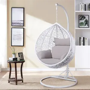 Yaheetech White Hanging Swing Chair with Cushion Garden Patio Rattan Hammock Chair