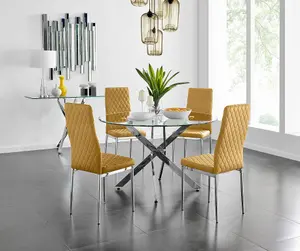 Furniturebox UK Novara 120cm Round Dining Table and 4 Mustard Velvet Milan Chairs