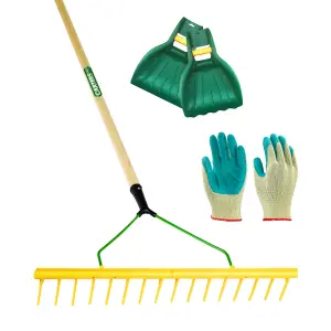 Pegdev - PDL - 16 Tooth Polypropylene Landscape Rake with Hardwood Handle, Leaf Scoop Grab & Gardening Gloves Set - Gardening Set