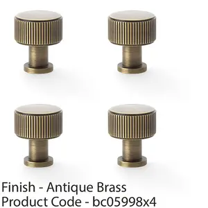 4 PACK - Round Reeded Door Knob - 29mm Diameter Antique Brass Lined Cupboard Pull Handle