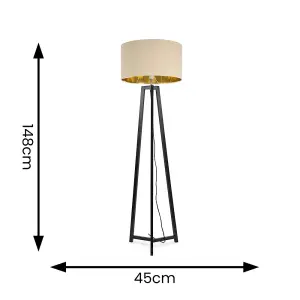 ValueLights Lottie Black Wood Tripod Floor Lamp with Beige/Gold Drum Shade