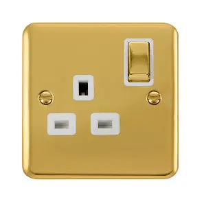 Curved Polished Brass 1 Gang 13A DP Ingot Switched Plug Socket - White Trim - SE Home