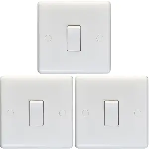 3 PACK 1 Gang Single 10A Light Switch 1 Way - WHITE PLASTIC Wall Plate Rocker