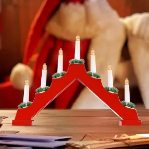 7 LED Wooden Christmas B/O Candle Bridge - Red