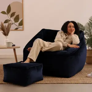 icon Natalia Velvet Armchair Bean Bag and Footstool Set Midnight Blue Giant Bean Bag Chair