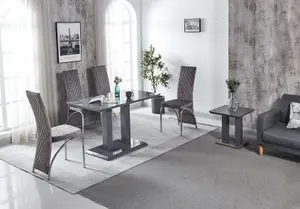 Modernique Rocco Grey Gloss Finish MDF Dining Table with 4 Grey Velvet Dining Chairs