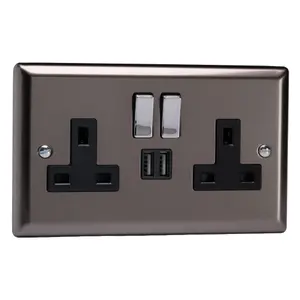 Varilight 2-Gang 13A Single Pole Switched Socket + 2x5V DC 2100mA USB Charging Ports  Pewter