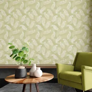 Hoopla Walls Olive Green Feathers Smooth Matt Wallpaper