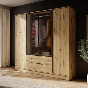 Kelly 206cm Hinged Wardrobe in Rustic Oak Artisan - Spacious Storage with Glass Accents