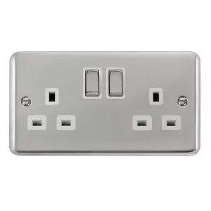 Curved Polished Chrome 2 Gang 13A DP Ingot Twin Double Switched Plug Socket - White Trim - SE Home