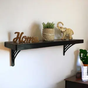 Solid Wood Handmade Rustical Shelf Black Ash 225mm 9 inch with Black Metal Bracket WAT Length of 220cm