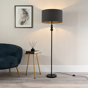 ValueLights Marissa Matt Black Stacked Ball Floor Lamp with Charcoal Grey Drum Shade