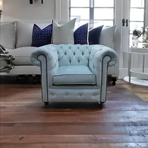 Chesterfield Low Back Club ArmChair Velluto Duck Egg Blue Real Fabric In Classic Style