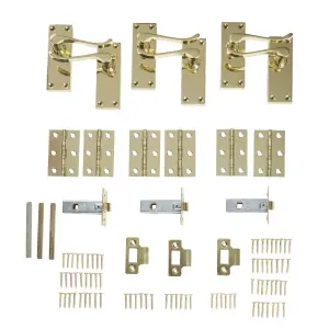 Colours Toen Polished Brass effect Aluminium Scroll Latch Door handle with Hinges (L)99mm (D)58mm, Pack of 3