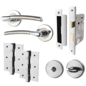 AFIT Door Handle Bathroom Set - Polished/Satin Chrome Finish - 64mm Lock 76mm Hinges Boston Range