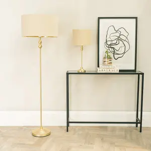 ValueLights Maggie Gold Candlestick Table Lamp with Beige and Metallic Gold Lamp Shade and LED Bulb