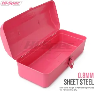 Hi-Spec Pink Steel Metal Barn Tool Box Carry Case: High-Gloss Finish Portable Storage for Everyday Use