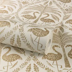 Grandeco Beige Metallic effect Flamingo Embossed Wallpaper