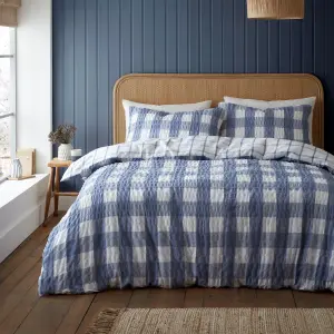 Catherine Lansfield Brushed Seersucker Gingham Reversible King Duvet Cover Set with Pillowcases Blue