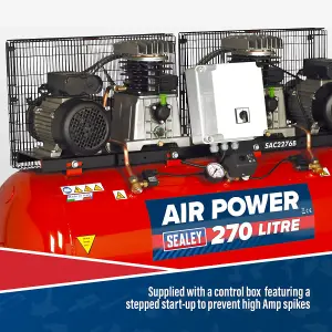 Sealey Air Compressor 270L Belt Drive 2 x 3hp with Cast Cylinders SAC2276B