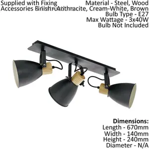 Ceiling Spot Light & 2x Matching Wall Lights Black & Wood Adjustable Shade