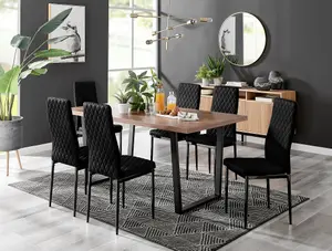 Furniturebox Kylo Brown Rectangular Wood Effect Dining Table & 6 Black Velvet Milan Black Leg Chairs