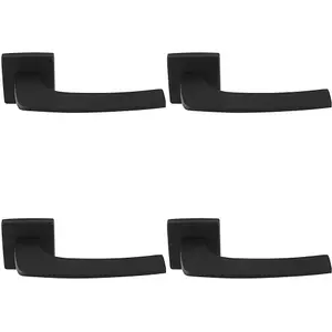 4 PACK - Premium Curved Slim Door Handle Set - Matt Black Plain Lever on Square Rose