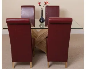 Valencia 160 cm x 90 cm Glass Dining Table and 4 Chairs Dining Set with Montana Burgundy Leather Chairs