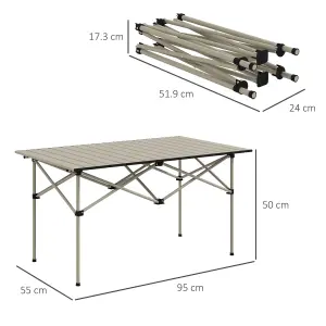 Outsunny Portable Folding Camping Table w/ Roll Up Aluminium Top Carry Bag Khaki