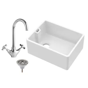 Single Bowl Fireclay Belfast Sink with Basket Strainer Waste & Mono Kitchen Sink Mixer Tap 595mm