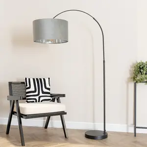 ValueLights Louis Black Arched Floor Lamp with Grey Velvet and Chrome Inner Shade and Bulb