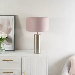 ValueLights Lexy Brushed Chrome Touch Table Lamp with Blush Pink Velvet Shade