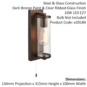 Dark Bronze Bathroom Wall Light & Ribbed Cylinder Glass Shade IP44 Rated Fitting