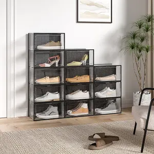 Set of 12 Clear Plastic Stackable Foldable Shoe Storage Box Organiser 34cm W x 24cm D x 18cm H