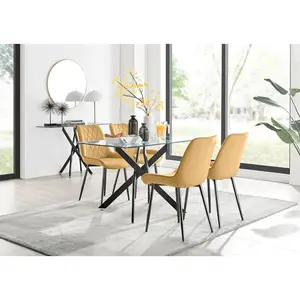 Lenworth Glass Rectangular Dining Table Set with 4 Luxury Velvet Chairs Mustard/Black / Black