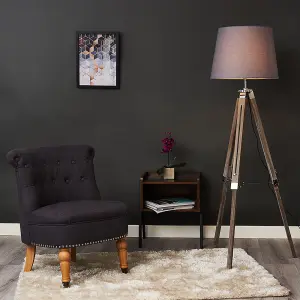 ValueLights Clipper Distressed Wood and Silver Chrome Tripod Floor Lamp with Grey Tapered Light Shade with 6w LED GLS Bulb