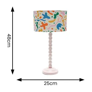 Rose Pink Bobbin Stem Table Lamp with Abstract Shapes Drum Shade for Living Room Bedroom - LED Bulb Included