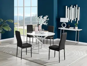 Furniturebox UK Novara White High Gloss 120cm Round Dining Table & 4 Black Velvet Milan Black Leg Chairs