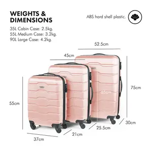 VonHaus Suitcase Set, Pink 3pc Lightweight Wheeled Luggage, ABS Plastic Carry On or Check in Travel Case, Durable Hard Shell w/ 4