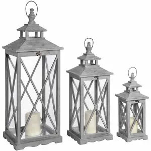 Set Of Three Wooden Lanterns With Traditional Cross Section - L31 x W31 x H84 cm