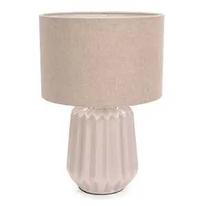 ValueLights Zak Stone Natural Textured Ceramic Bedside Table Lamp with Drum Shade - LED Bulb Included