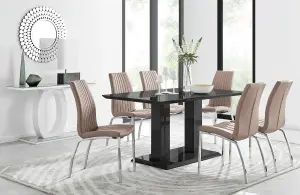 Imperia Black High Gloss 6 Seater Dining Table with Structural 2 Plinth Column Legs 6 Beige Stitched Faux Leather Isco Chairs