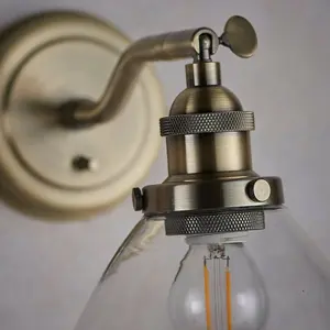 Dimmable LED Wall Light Antique Brass Glass Shade Adjustable Industrial Fitting