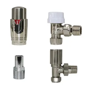 Rinse Bathrooms Thermostatic Radiator Valve 15mm Angled Radiator TRV + Lockshield for Heated Towel Rail Radiator Satin Nickel