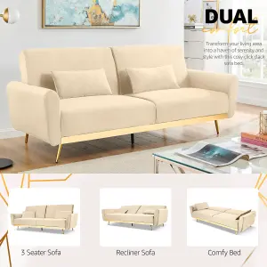 Libbie 3 Seater Click Clack Cream Velvet Sofa Bed with Gold Detail