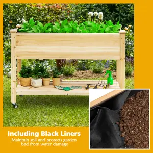 Costway Raised Garden Bed Wood Elevated Planter Bed w/Lockable Wheels Shelf & Liner