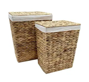 Water Hyacinth Rectangle Laundry Basket Lidded With Cotton Lining Toy Storage Medium 37 x 28 x 48 cm