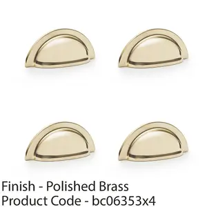 4 PACK - Ridged Cup Handle - Polished Brass - 76mm Centres Solid Brass Shaker Drawer Pull