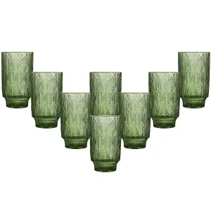 Set of 8 Vintage Luxury Green Trailing Leaf Drinking Tall Tumbler Glasses 450ml